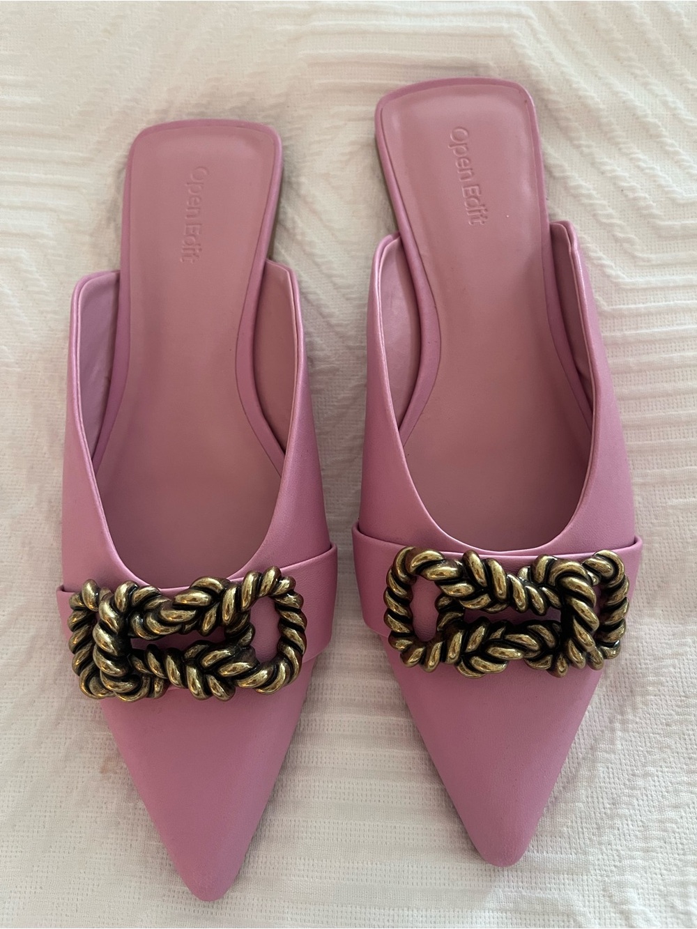 Open Edit Pink Kyla Flat Mules Pointed Toe Mules with Gold Roped Buckle Detail